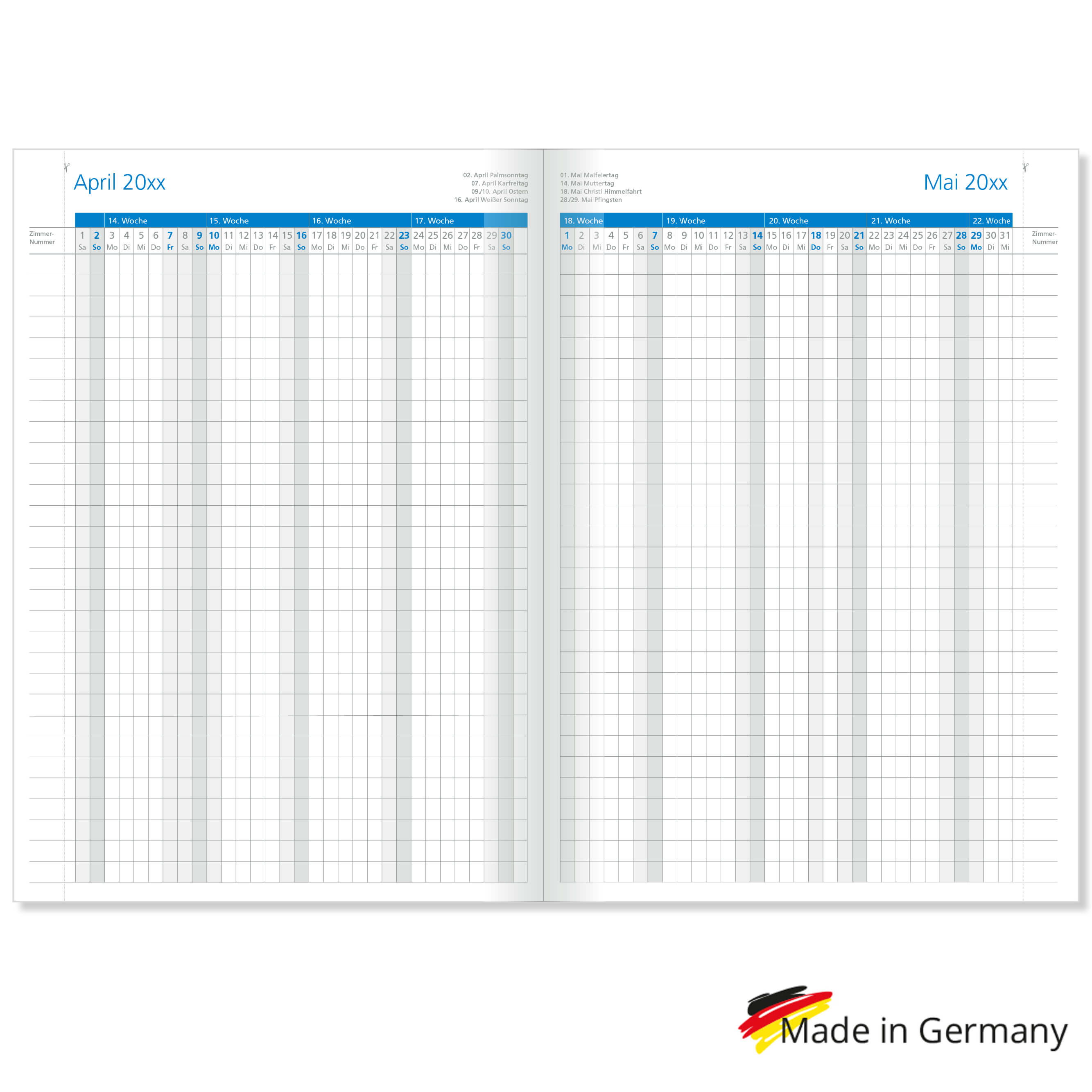 Zimmerbelegungskalender 2026 Blau 