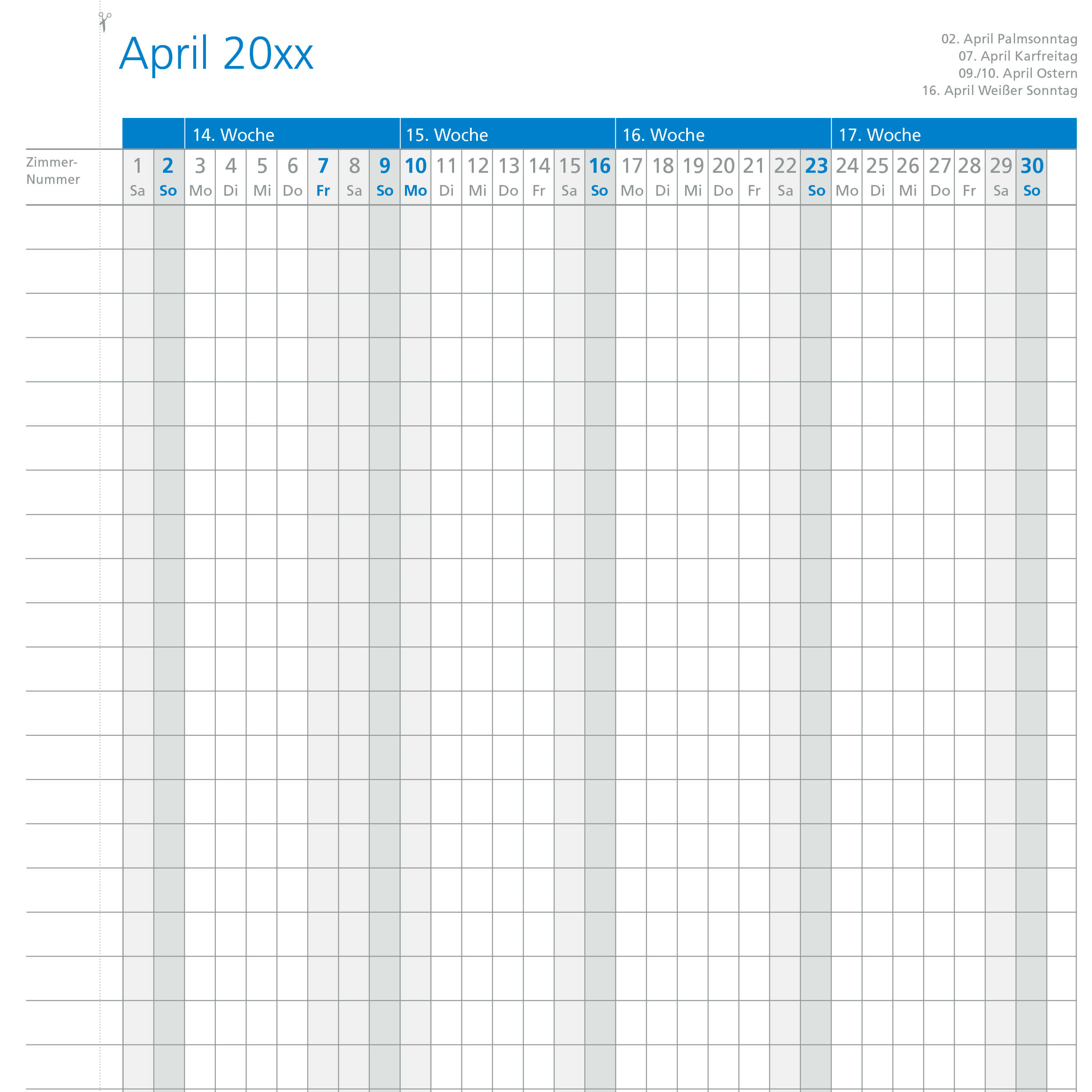 Zimmerbelegungskalender 2026 Blau 